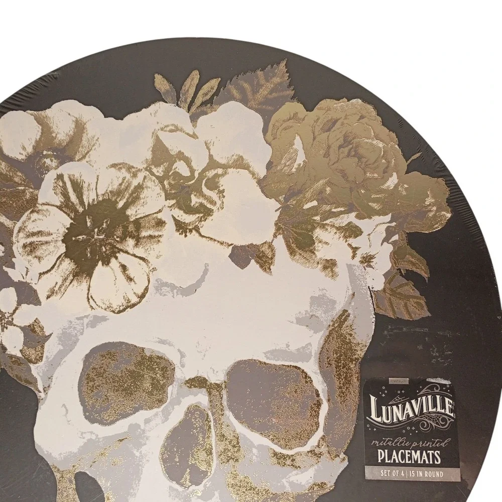 Halloween Skull Floral Placemats with metallic accents (Set of 4, Round 15 inch)